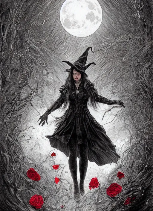 Image similar to portrait, A witch in front of the full big moon, book cover, red roses, red white black colors, establishing shot, extremly high detail, foto realistic, cinematic lighting, pen and ink, intricate line drawings, by Yoshitaka Amano, Ruan Jia, Kentaro Miura, Artgerm, post processed, concept art, artstation, matte painting, style by eddie, raphael lacoste, alex ross