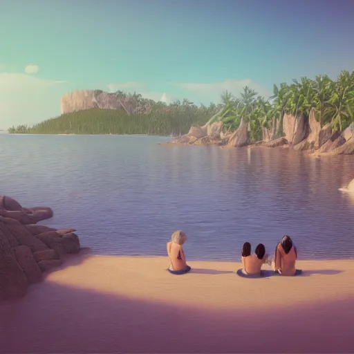 Prompt: utopian beach, women, naturist, boats, realistic, unreal engine, artstation,