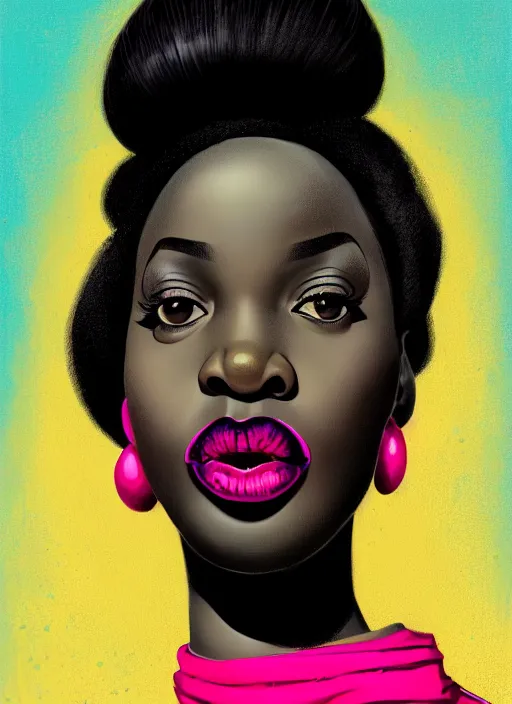 Prompt: portrait of a plump african woman with a crooked nose and a confident expression, 1 9 6 0 s, black clothes, goth, punk, brightly coloured hair, funk, intricate, elegant, highly detailed, digital painting, artstation, concept art, smooth, sharp focus, illustration, art by wlop, mars ravelo and greg rutkowski