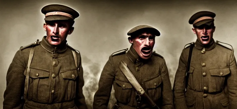 Prompt: horrified World War 1 soldiers, high contrast lighting, IMAX cinematic film still