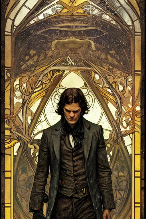 Image similar to a detailed tarot card of jared padalecki in a supernatural sherlock holmes story, 1 8 th century london in the rain, city streets, ominous, masterpiece, 8 k, art by alphonse mucha and greg rutkowski