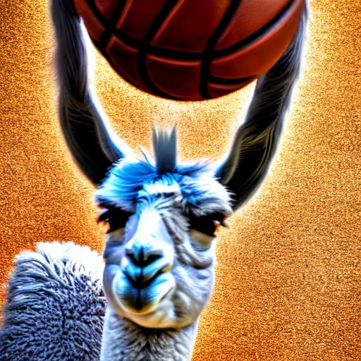 Image similar to a photo of a llama dunking a basketball, 4 k, photography, high resolution