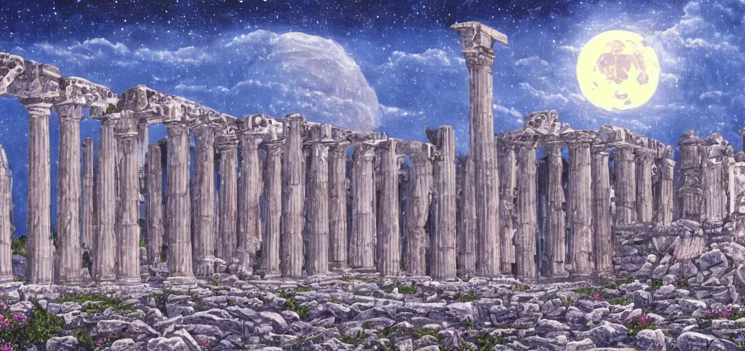 Image similar to The ruins of the Silver Millennium on the moon from Sailor Moon, digital painting, Earth in the distance, Greek-esque columns and ruins