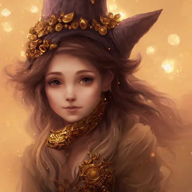 Prompt: cute friendly fantasy gnome in gold hoard by charlie bowater and titian and artgerm, intricate, face, cavern, elegant, golden mist, beautiful, highly detailed, dramatic lighting, sharp focus, trending on artstation, artstationhd, artstationhq, unreal engine, 4 k, 8 k