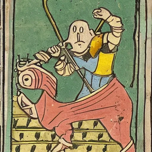 Prompt: A knight fighting a snail in front of a castle, in the style of an ancient manuscript