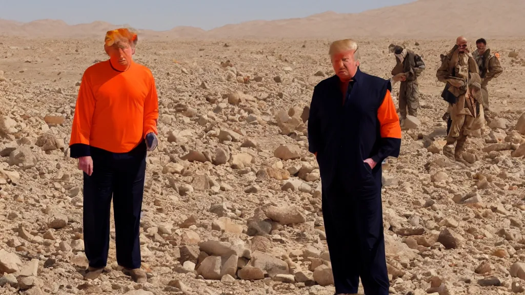 Prompt: Donald Trump wearing an orange jumpsuit captured by Islamic ISIS militants in the desert, Kodak film photo, 8k, highly detailed