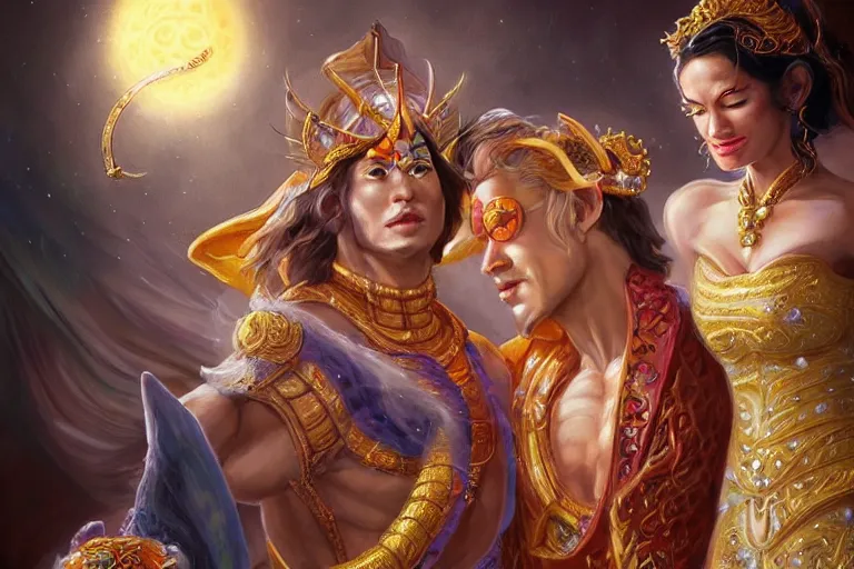 Prompt: close up moment of a divine a sun god and a moon goddess lovers magician at a wedding banquet, highly detailed, d & d, fantasy, highly detailed, digital painting, trending on artstation, concept art, sharp focus, asian feature, illustration, art by artgerm and daniel gerhartz and magali villeneuve