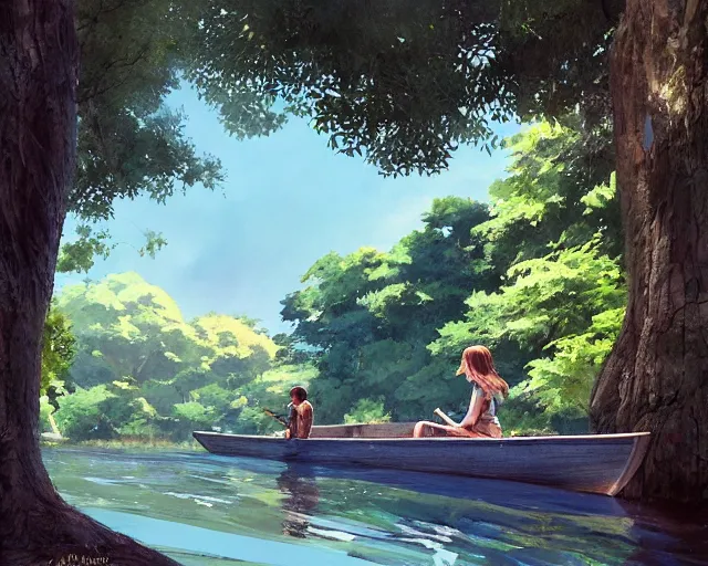 Prompt: a wooden boat in a very narrow river, trees, shady, ripples, reflections. A boy and girl are sitting in the boat. By Makoto Shinkai, Stanley Artgerm Lau, WLOP, Rossdraws, James Jean, Andrei Riabovitchev, Marc Simonetti, krenz cushart, Sakimichan, trending on ArtStation, digital art.