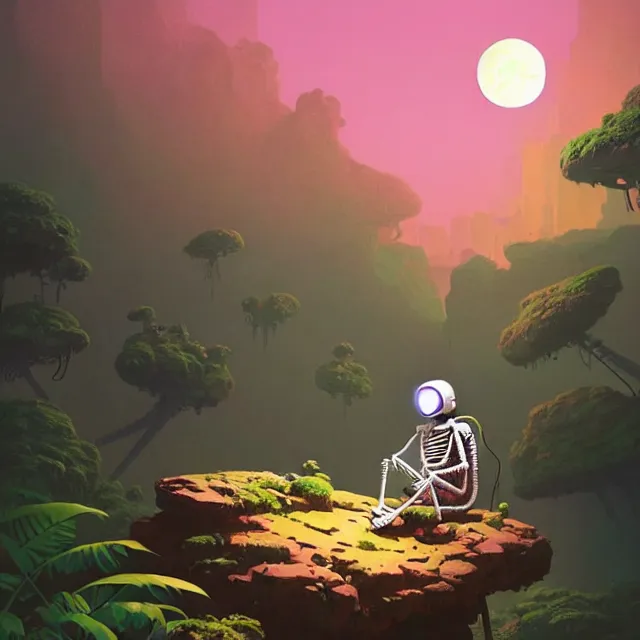 Image similar to a skeleton astronaut sitting on rock, surrounded by bio - luminescent, glowing peaceful serene sentient solarpunk, jungle. in the style of katamari damacy, scattered glowing pink fireflies, soft vaporwave liminal aesthetic. 3 d blender by tomer hanuka, greg rutkowski, beeple, sharp focus, digital painting, concept art