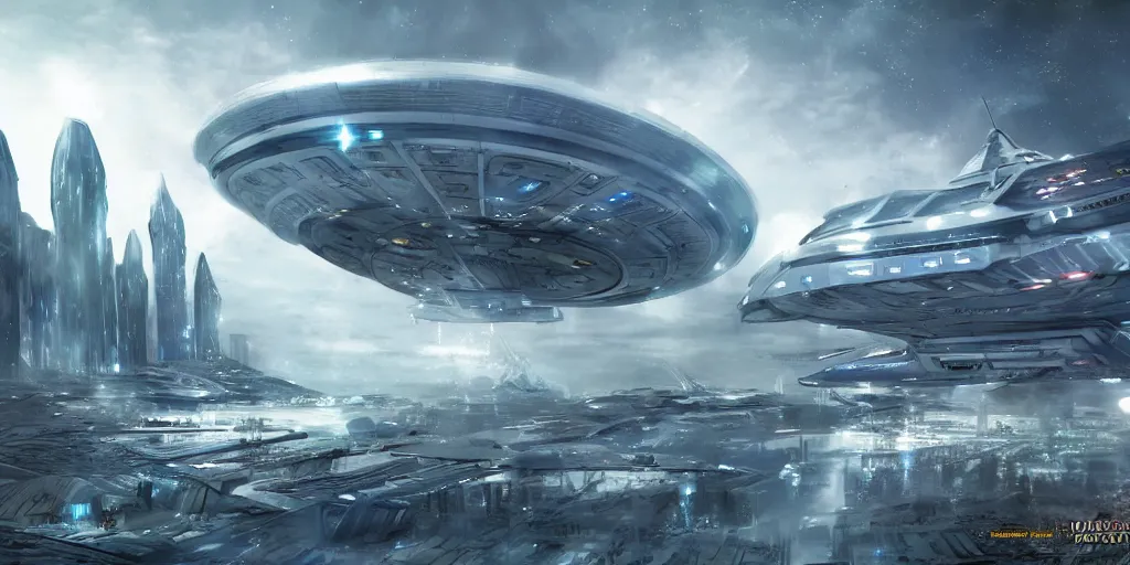 Prompt: future forest city attacked by spaceship, star trek, concept art, ice mist, glory war,