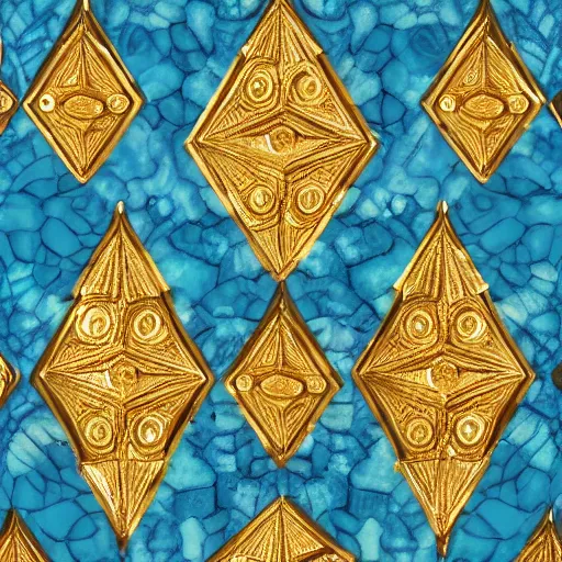 Image similar to an abstract intricately carved marble set with gold flourishes and diamonds of various colors in the form of hexagons against a blue ornate background