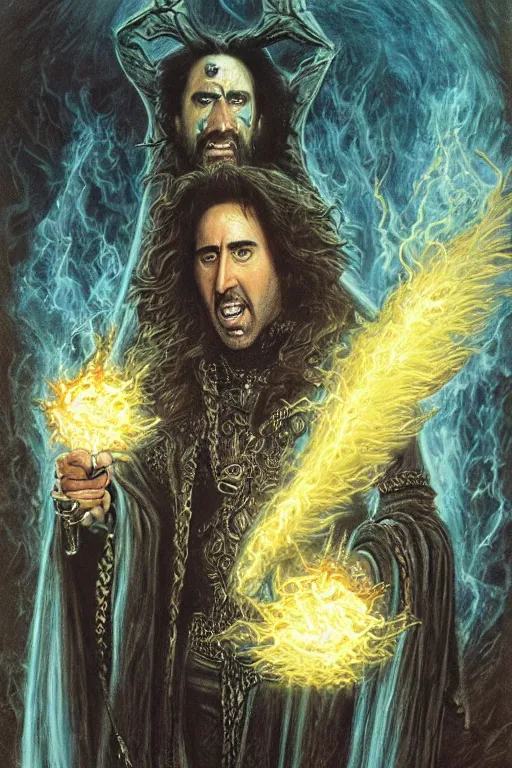 Prompt: Nicolas Cage as wizard, fantasy, intricate, highly detailed, illustration by ken kelly