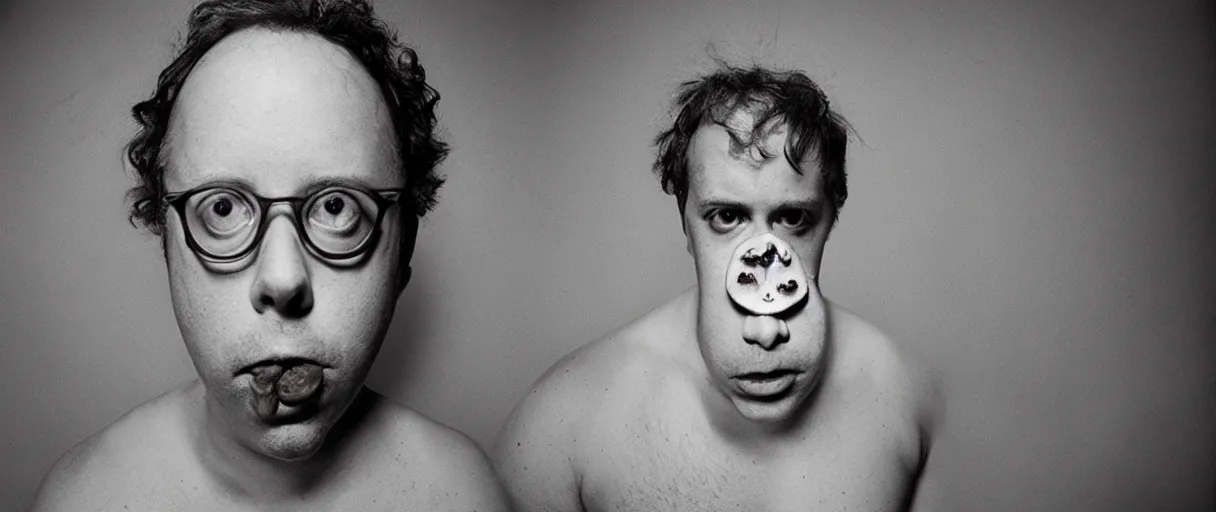 Image similar to award winning photo of a todd solondz charles thompson iv eating a mushrooms and becoming nature, sad, symmetrical face, beautiful eyes, studio lighting, wide shot art by sally mann & arnold newman