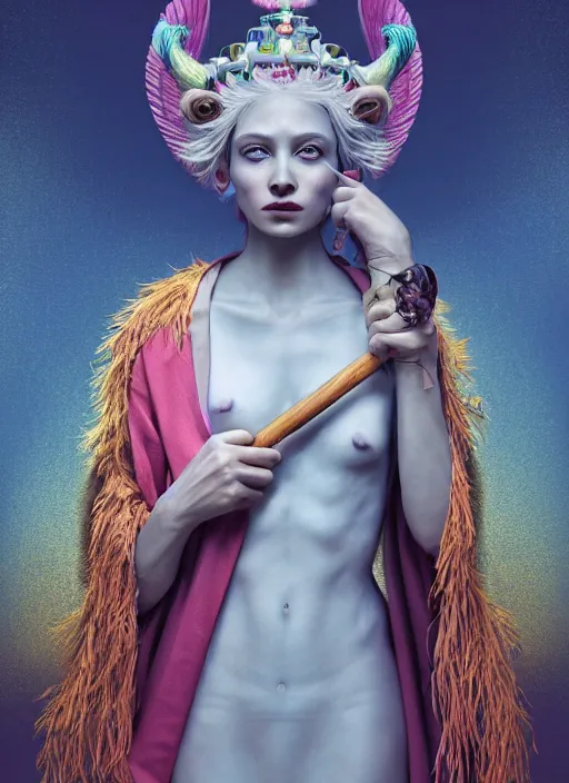 Image similar to an anthropomorphic beautiful goddess female wizard made of angel portrait holding a staff wearing colourful robe, fine art, award winning, intricate, elegant, sharp focus, octane render, hyperrealistic, cinematic lighting, highly detailed, digital painting, 8 k concept art, art by jamie hewlett and z. w. gu, masterpiece, trending on artstation, 8 k