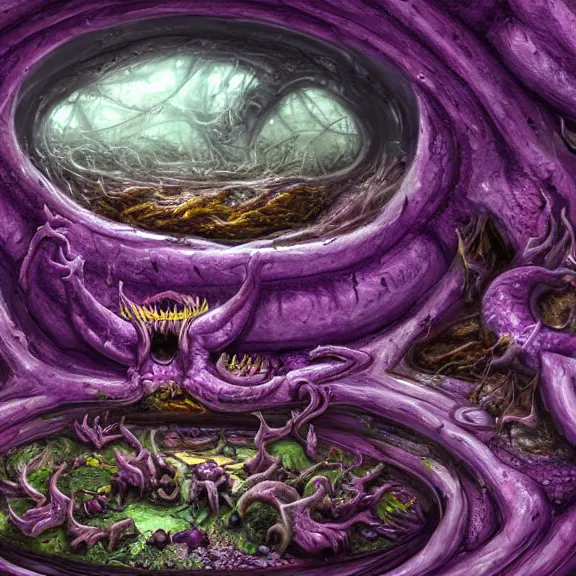 Image similar to detailed shot of inside a cavernous living stomach, the walls purple and pulsing, lots of acid pooling up on the floor, digesting and dissolving a small dragon, food pov, micro pov, vore, digital art, furry art, anthro art, high quality, 8k 3D realistic, macro art, micro art, Furaffinity, Deviantart, Eka's Portal, G6