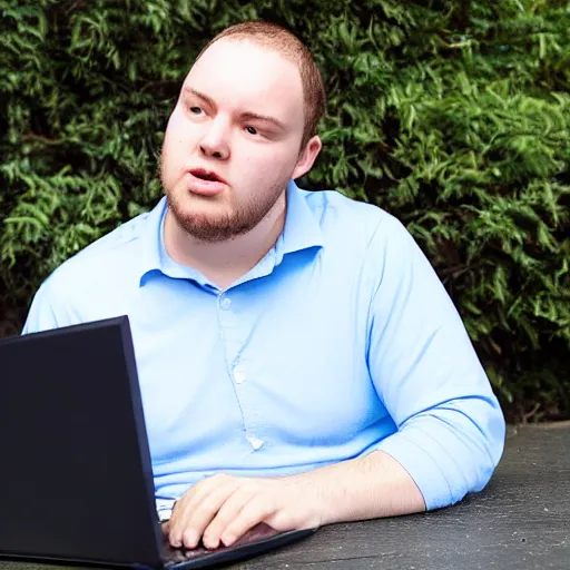 Image similar to a young man called richard being slightly obese sitting in front of hos lenovo thinkpad laptop and talking to himself