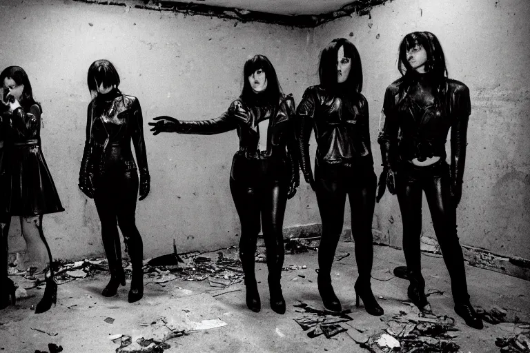 Prompt: 4 goths in leather, watching a black hole forming in the grimy grungy basement of an abandoned apartment block, grainy black and white photography