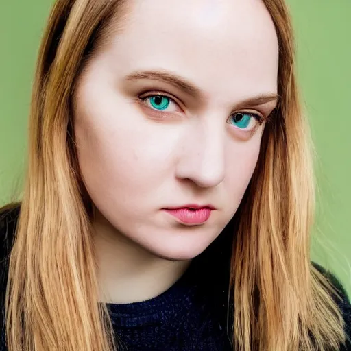 Prompt: minimalist photography portrait of a woman with a tiny mouth, no lips, symmetrical, super close up, mid thirties, medium blonde, cute round green slanted eyes, pale skin, wide nostrils, chubby cheeks, high flat eyebrows, ethereal essence, angelic, leica 1 0 0 mm f 0. 8