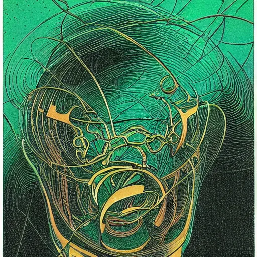 Image similar to a beautiful print. human technology that had become haunted, possessed by quick, gleaming cleverness. copper verdigris by al williamson daring, lush