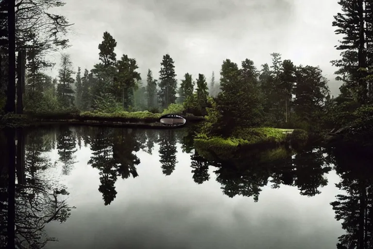 Image similar to an brutalist spaceship forming from a lake surrounded by trees, serene vast landscape, neon lights, rainy day, beautiful lighting, high depth, ultra realistic, artistic, by annie leibovitz