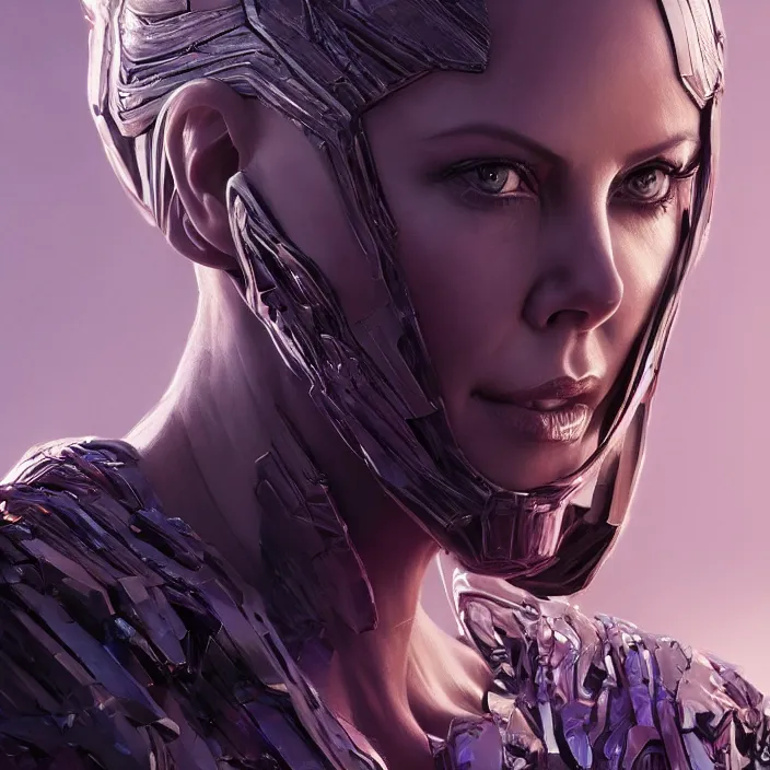 Image similar to portrait of Charlize Theron as a Thanos. intricate abstract. intricate artwork. by Tooth Wu, wlop, beeple, dan mumford. octane render, trending on artstation, greg rutkowski very coherent symmetrical artwork. cinematic, hyper realism, high detail, octane render, 8k, iridescent accents