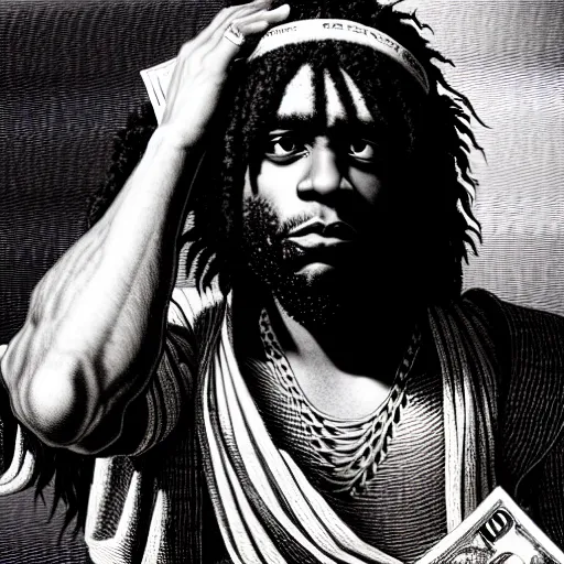 Image similar to highly accurate cheef keef rapper holding stacks of cash, biblical image, style of gustave dore, highly detailed, beautiful, high contrast, black and white