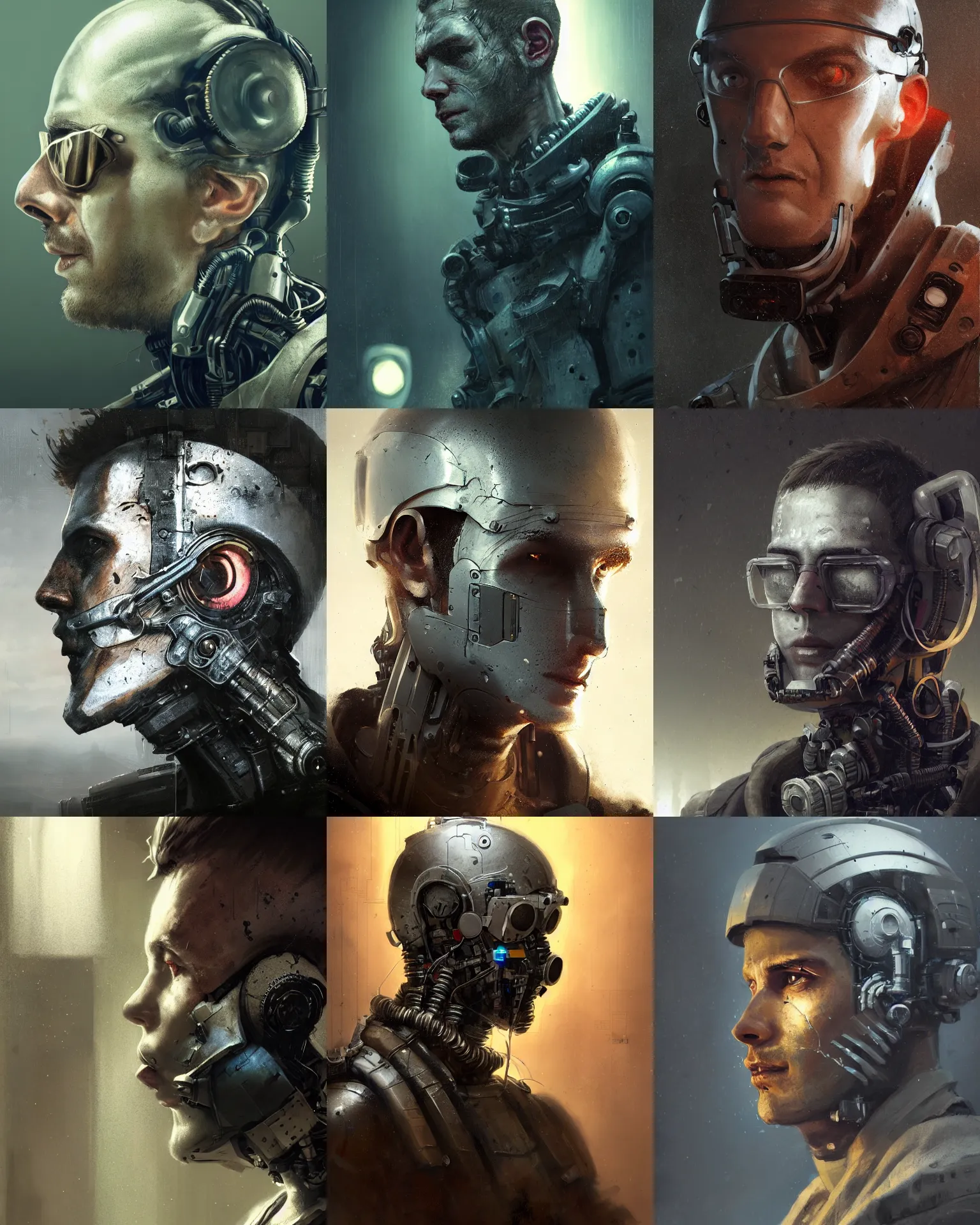 Image similar to a half - masked rugged young laboratory engineer man with cybernetic enhancements as seen from a distance, scifi character portrait by greg rutkowski, esuthio, craig mullins, 1 / 4 headshot, cinematic lighting, dystopian scifi gear, gloomy, profile picture, mechanical, half robot, implants, steampunk