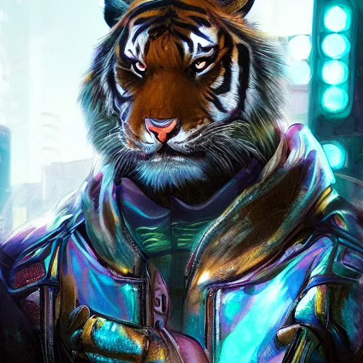 Image similar to a beautfiul award winning commission portrait of an anthro tiger in the neon cyberpunk city at night,wearing a leather jacket,glow effect,detailed face,photorealistic,character design by charles bowater,ross tran,deviantart,artstation,digital art,hyperdetailed,realistoc,western comic style,vfx,dramatic,dream-like