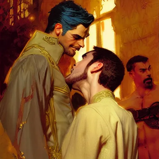Image similar to attractive fully clothed king confesses his love for his attractive fully clothed male prince. highly detailed painting by craig mullins, gaston bussiere, mark brooks, j. c. leyendecker