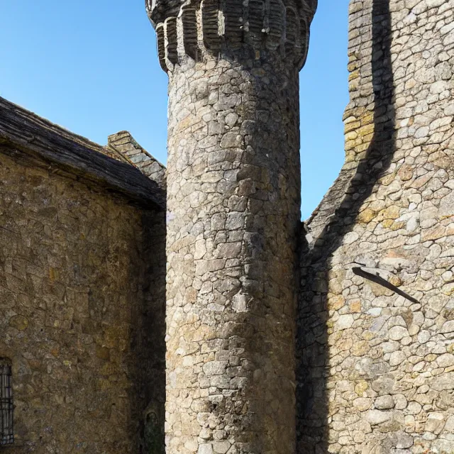 Image similar to hyper realistic photo, looking close up at a well maintained castle from the front gate courtyard on a sunny day