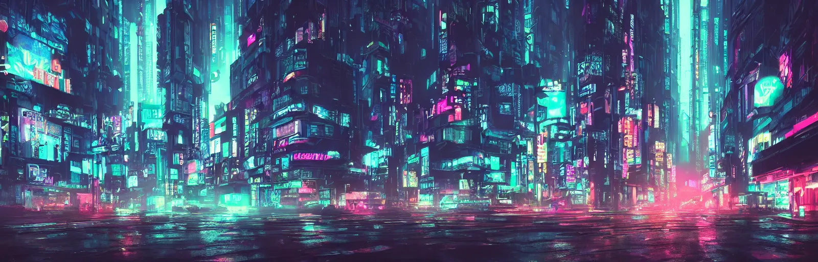 Prompt: street view of a cyberpunk city center, in the style of Blade Runner, rainy weather, neon lighting, vaporwave, retro wave, synthwave, highly detailed, digital painting, concept art, illustration, artstation, Roger Deakin's cinematography, Liam Wong, photo-realistic, cinematic lighting, 8k,