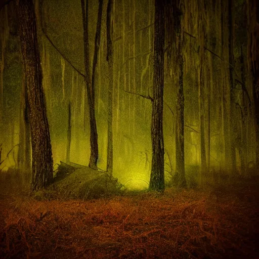 Prompt: swamp nighttime midnight wisp o the willows eerie creepy glow midnight hyperrealism photo - realistic photography volumetric lighting enchantingly beautiful forest woods scary haunted 8 k