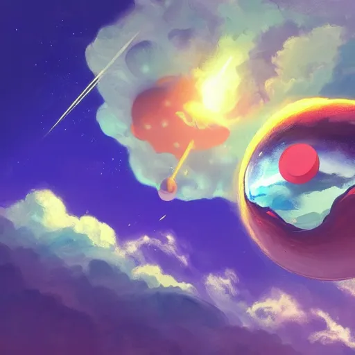 Prompt: a stunning wide angle view of a pokeball falling from a cliff into space, highly detailed clouds, artistic composition, sharp focus, intricate concept art, digital painting, colorful flat surreal design, hd, 8 k, artstation, ambient lighting