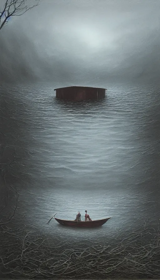 Image similar to man on boat crossing a body of water in hell with creatures in the water, sea of souls, by lee madgwick
