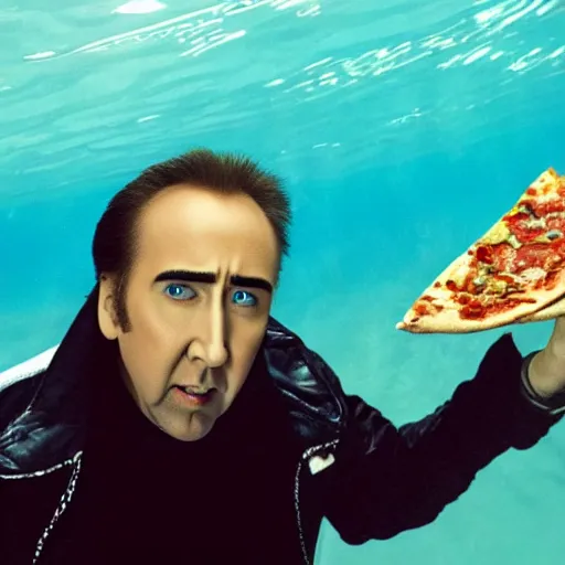 Prompt: Nicolas Cage eating pizza underwater, photograph