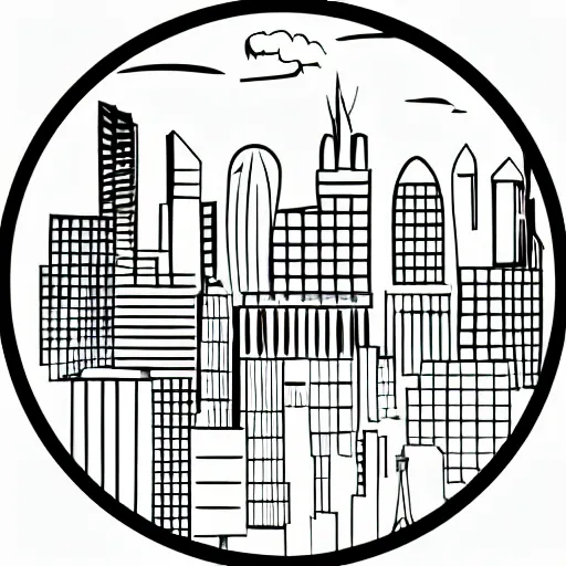 Image similar to a perfect circle where the inside is empty blank space and around the outer edge of the circle is the silhouette of a city skyline, black and white, minimalist, in the style of a line drawing