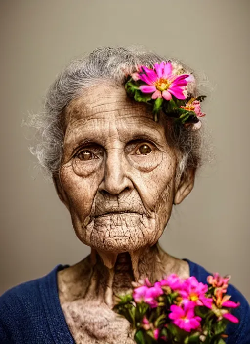 Prompt: portrait of a 1 1 0 year old woman, symmetrical face, flowers in her hair, she has the beautiful calm face of her mother, slightly smiling, ambient light