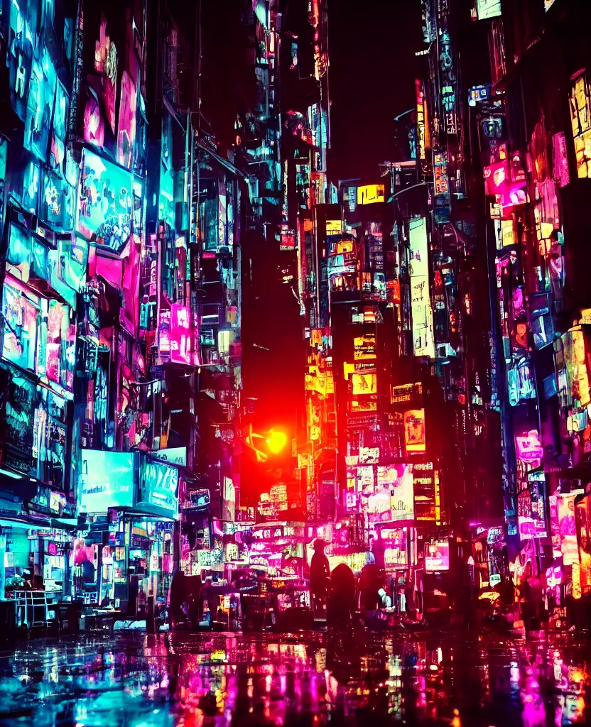 Image similar to cyberpunk city at night, night clubs and neons, rain, camera high, girl under lantern