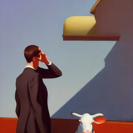 Image similar to Portrait of mr. Cow wearing a business suit , very coherent, painted by Edward Hopper, Wayne Barlowe, painted by James Gilleard, airbrush, art by JamesJean