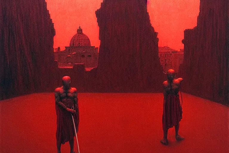 Image similar to only with red, caesar after war, a red tiger, in hoc signo vinces, rome in background, an ancient path, in the style of beksinski, part by hopper, part by rodcenko, part by hofbauer, intricate composition, red by caravaggio, insanely quality, highly detailed, masterpiece, red light, artstation