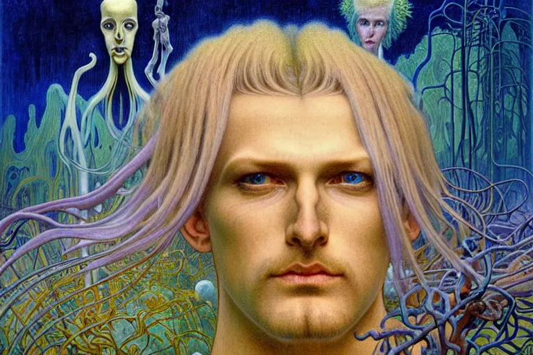 Image similar to realistic detailed portrait painting of a beautiful ghost man with blond hair with an alien, futuristic sci-fi forest on background by Jean Delville, Amano, Yves Tanguy, Alphonse Mucha, Ernst Haeckel, Edward Robert Hughes, Roger Dean, rich moody colours, blue eyes