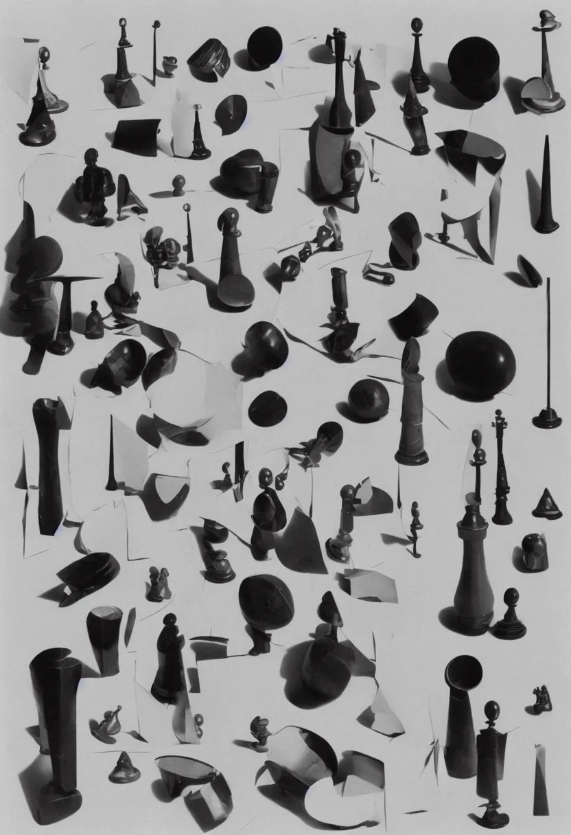 Prompt: research notes of a futuristic readymade object by Marcel Duchamp, chess pieces, flowchart, film stock by Irving Penn and Edward Weston