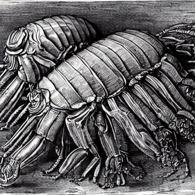 Image similar to a detailed, intricate drawing of a giant isopod on a beach, by albrecht durer