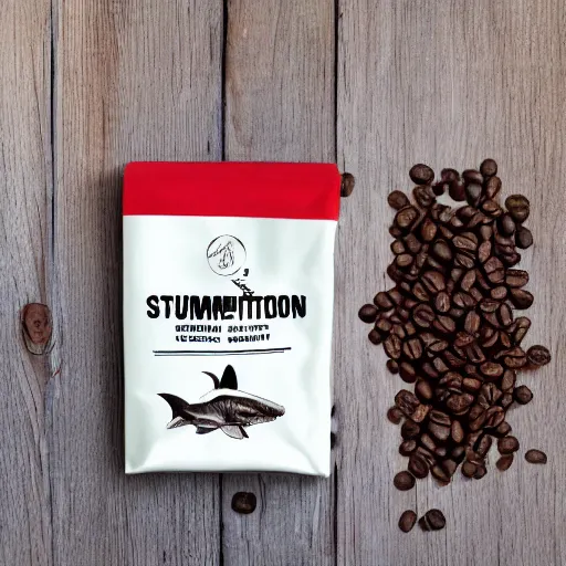 Image similar to a bag of stumptown coffee beans, graphic design, great white shark