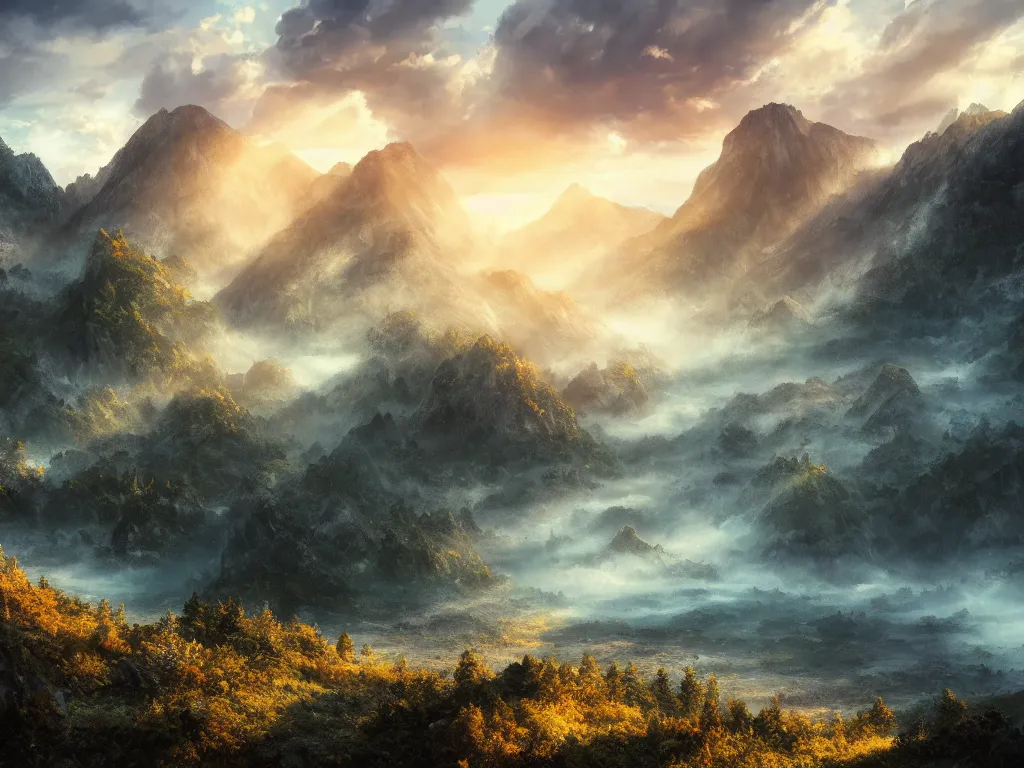 Prompt: mountain in sunset, last light, super detailed misty mood, waterfall cascades, mattepainting, otherworldly, wide angle, very detailed, god rays, artstation, 4k