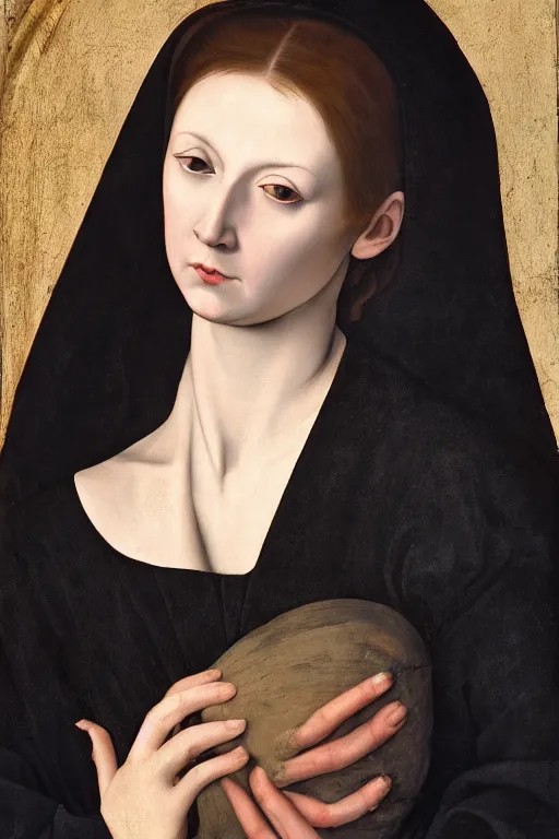 Image similar to hyper - realistic close - up portrait of a medieval woman, pale skin, in a black silk robe, in the caravaggio style