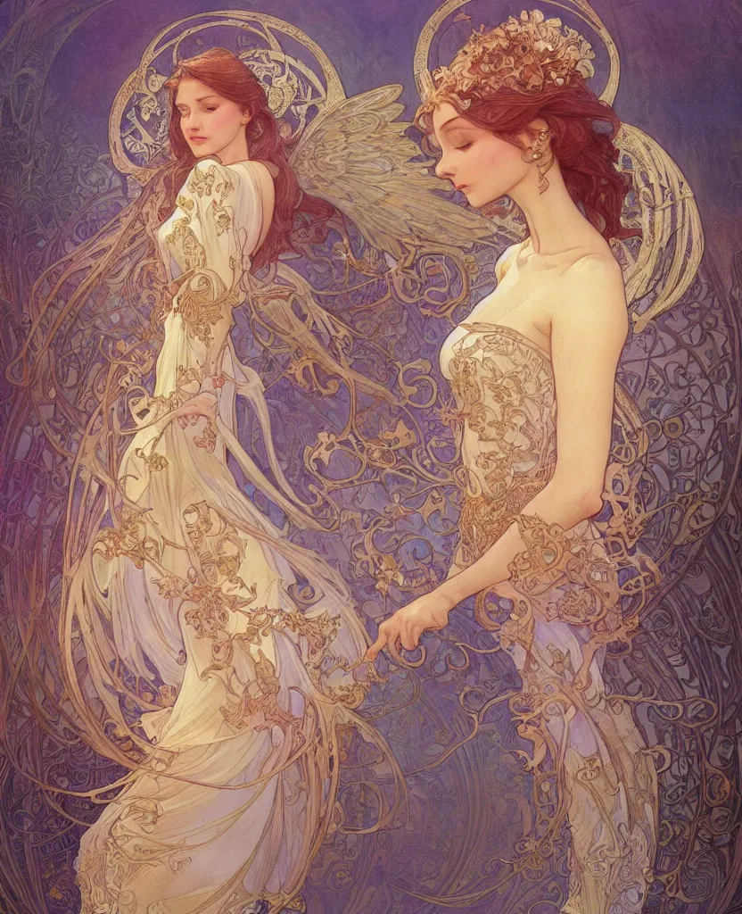 Image similar to an angel, highly detailed, very intricate, art nouveau, gold filigree, romantic storybook fantasy, soft cinematic lighting, award - winning, disney concept art watercolor illustration by mandy jurgens and alphonse mucha and alena aenami, pastel color palette, featured on artstation