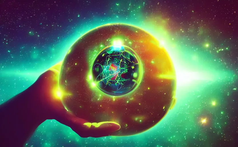 Image similar to enchanted castle, pro - vida, cosmic integration, closeup of a hand holding spheres of power, cosmic color scheme, macro up view, neon, glow, darkness, dramatic, sharp focus, octane render, imax