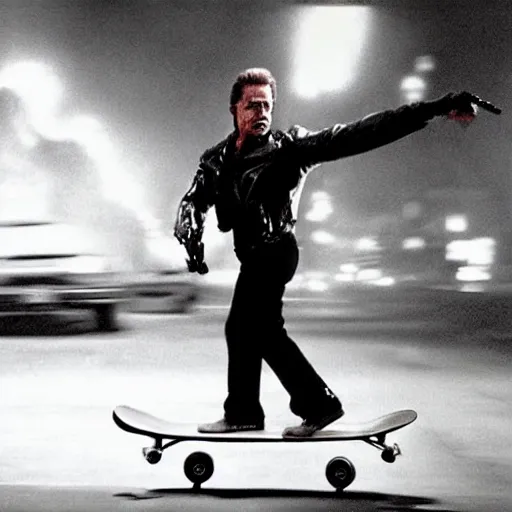 Image similar to A realistic photograph of Arnold Schwarzenegger as terminator riding a skateboard smoking cigar, gloomy, action, ambient lighting,