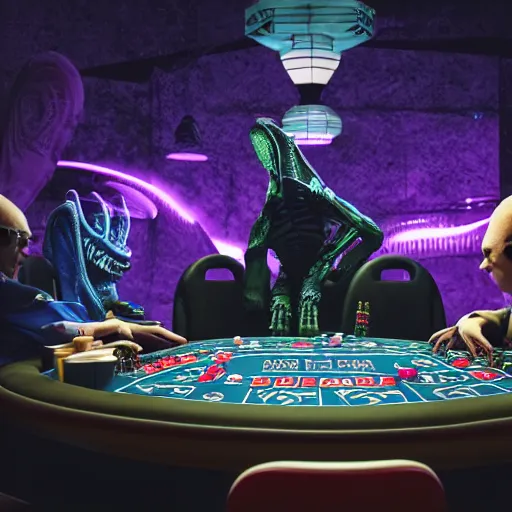 Prompt: aliens sitting at a poker table, 4 k hdr photograph, taken by king of photo taking, 3 d render, super detailed, mega detailed, depth of field, blender, maya, rtx on, bluray, ultra high definition